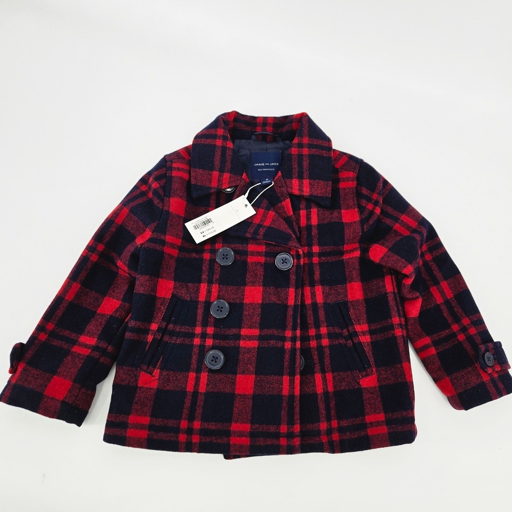 Janie and Jack Toddler Boy Red Black Plaid Wool Pea Coat Winter Jacket 2T NWT